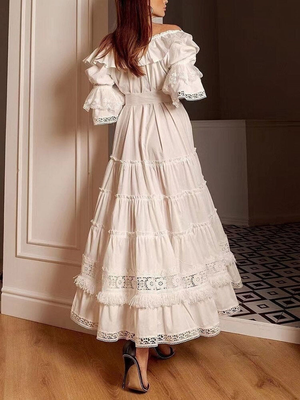 White Slash Neck Short Sleeve Long Dress P46630