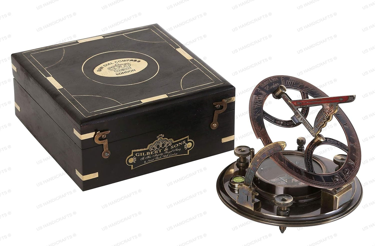 Sundial Compass with Black Wooden Case Brass Sundial S9684