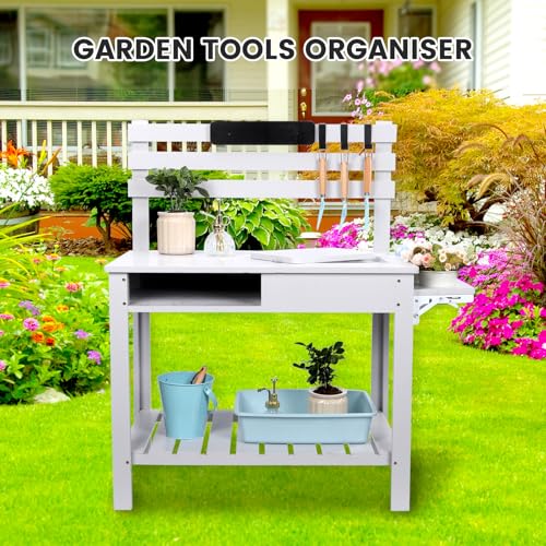 Wooden Potting Bench Table with 3 Side Hook Shelf Z70310