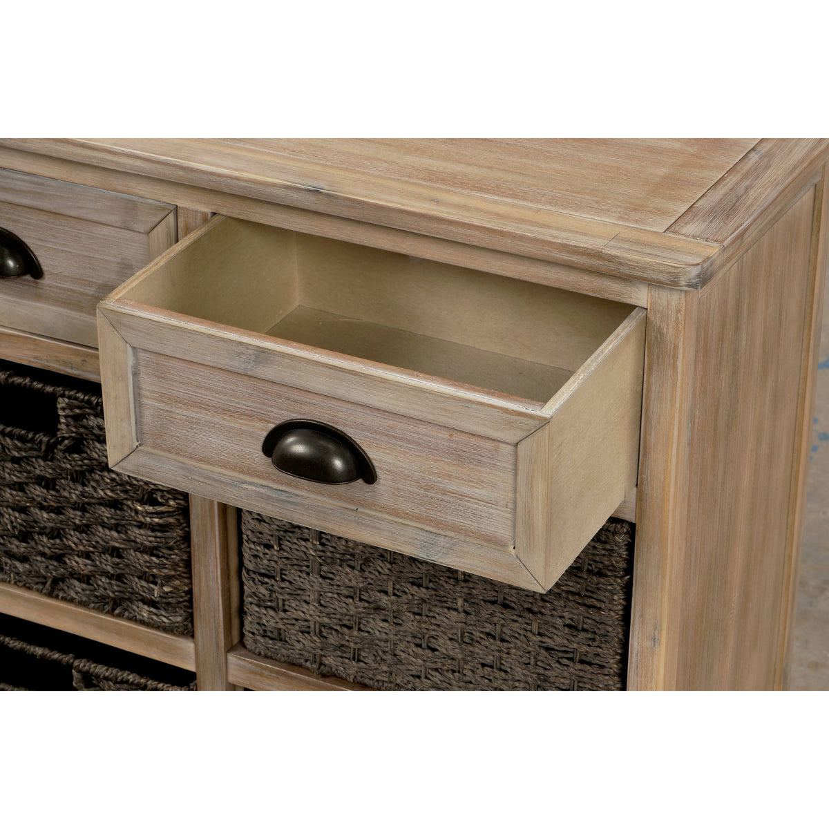 Rustic Storage Cabinet with 2-Drawers and 4 Fabric Basket Dark Brown R5080