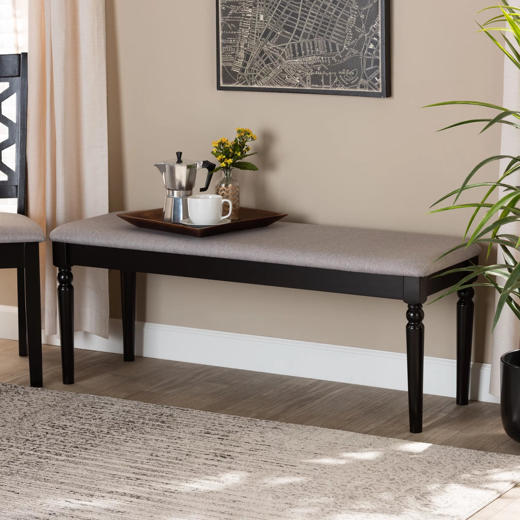 Grey Fabric Upholstered Dark Brown Wood Dining Bench M471487