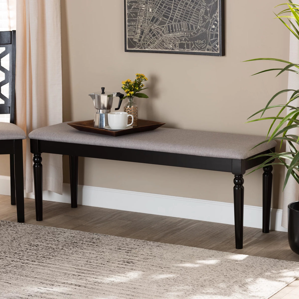 Grey Fabric Upholstered Dark Brown Wood Dining Bench M471487