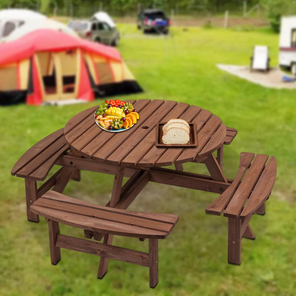 8-Person Circular Wooden Picnic Table with 4 Built-in Benches Gray L76794