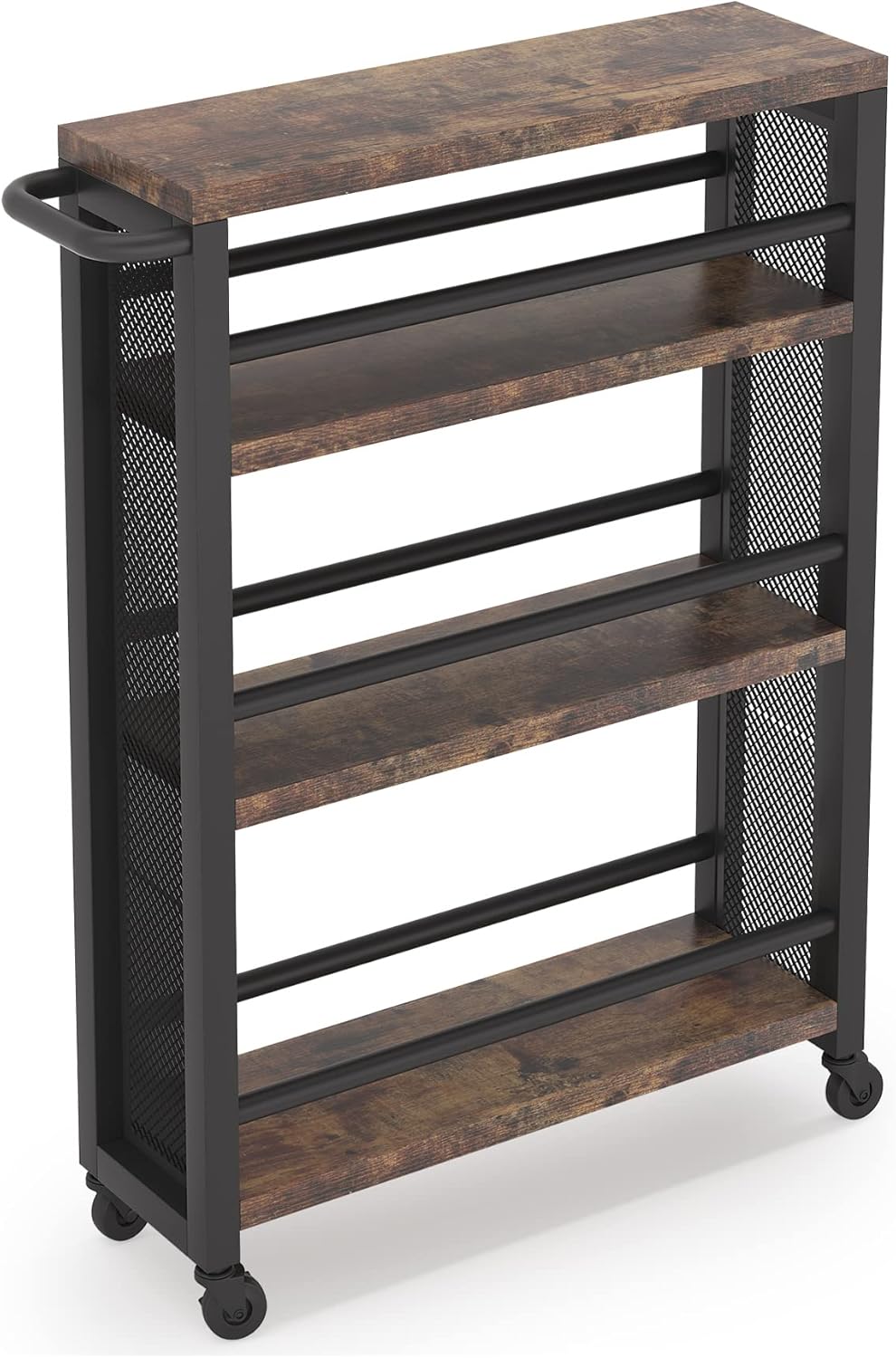 Brown 4 Tiers Wood Rolling Cart with Wheels U44537