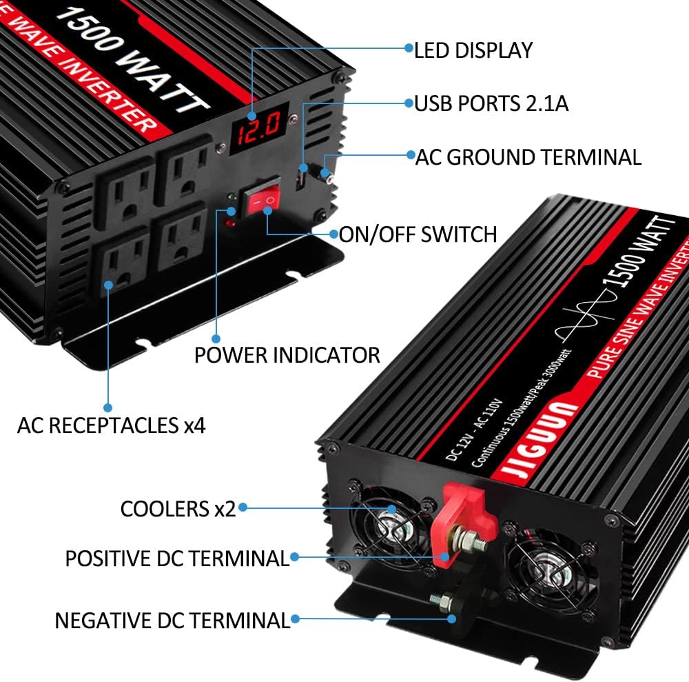 Pure Sine Wave Inverter 1500 Watt DC 12V to AC 120V with LCD, 4 AC Outlets & USB Output, 170ft Wireless Control V77631