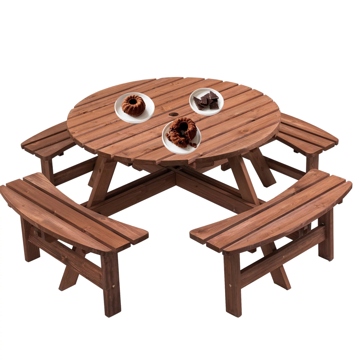 8-Person Circular Wooden Picnic Table with 4 Built-in Benches Gray L76794