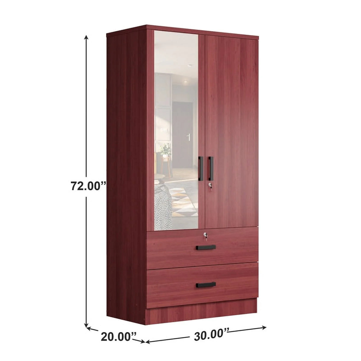 Mahogany Armoire Wardrobe with Mirror & Drawers F13988
