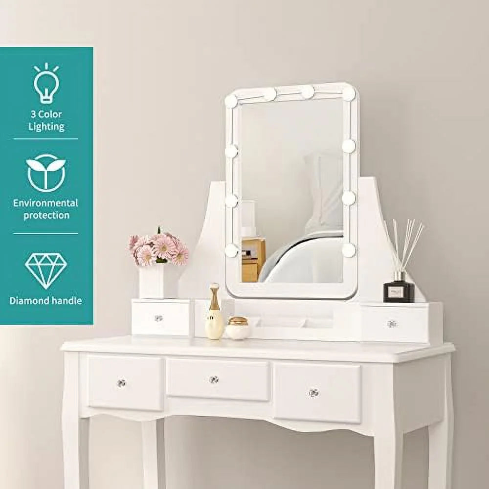 White Vanity Set with Lighted Tri-Fold Mirror and 4 Drawers I916