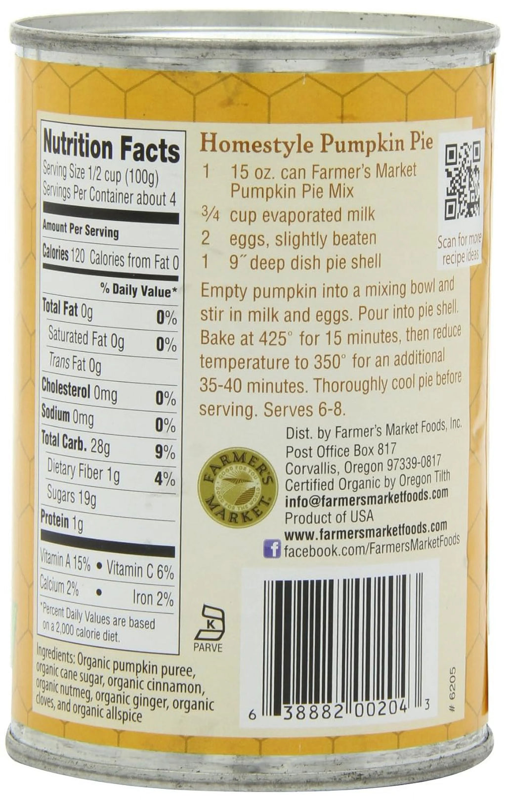 Organic Canned Pumpkin Pie Mix 15-Ounce Cans Pack Of 12 L694