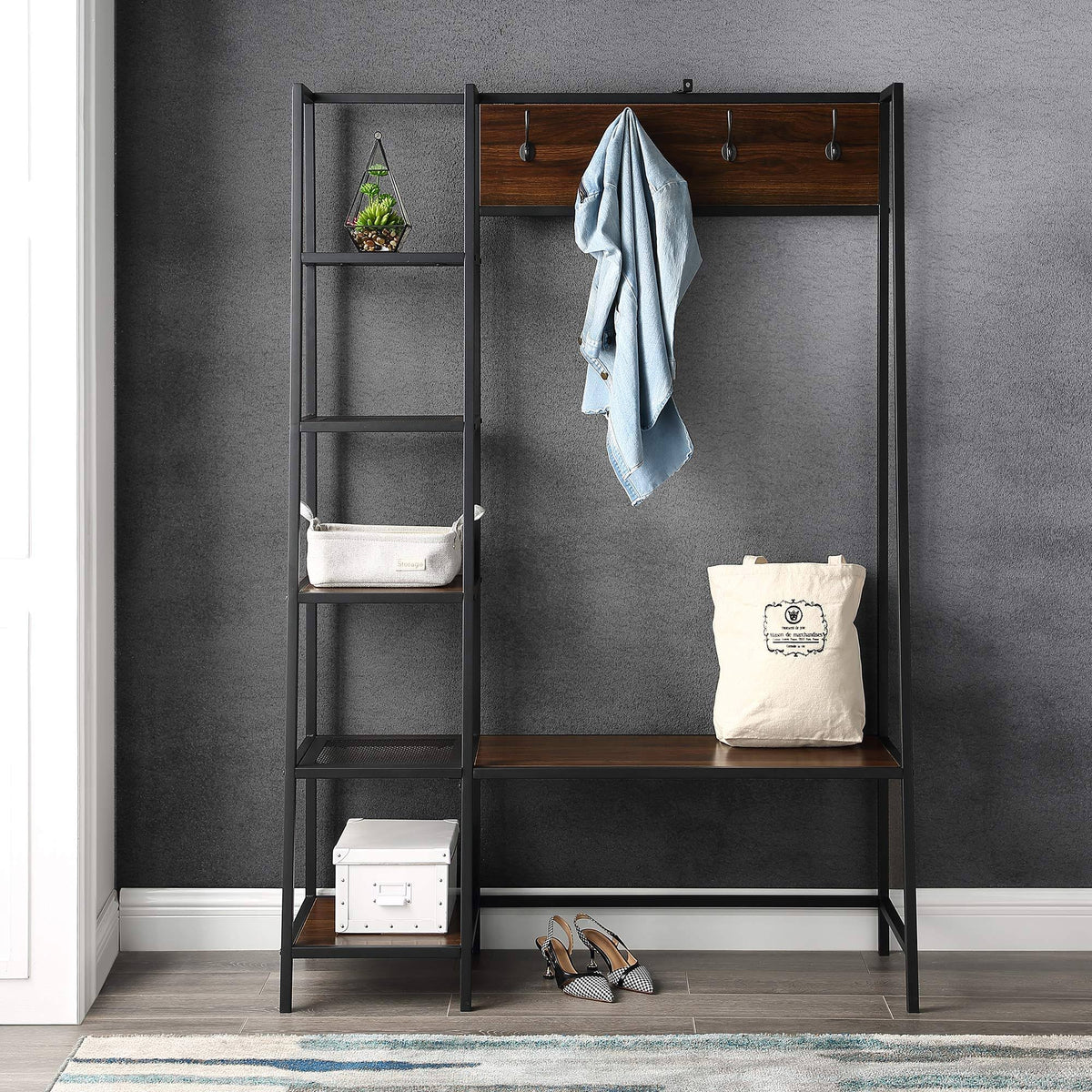 72 inch Dark Walnut Hall Tree with Storage P7166