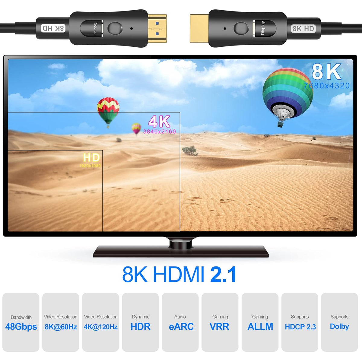 8K Fiber Optic HDMI Cable 100ft with Dual Micro HDMI and Standard HDMI Connectors O80295
