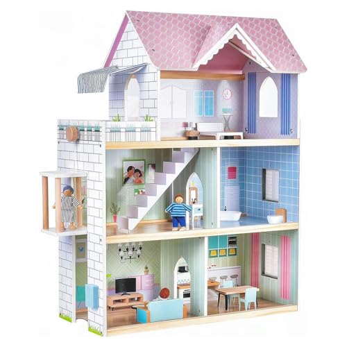 Large Pink Wooden Dollhouse with 15 Pcs Furniture & 3 Dolls M736