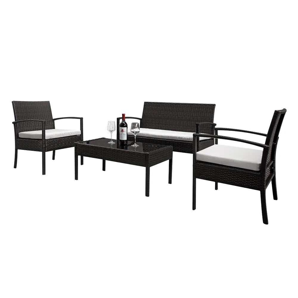 4 PCs Outdoor Wicker Conversation Set with Tempered Glass Coffee Table S803