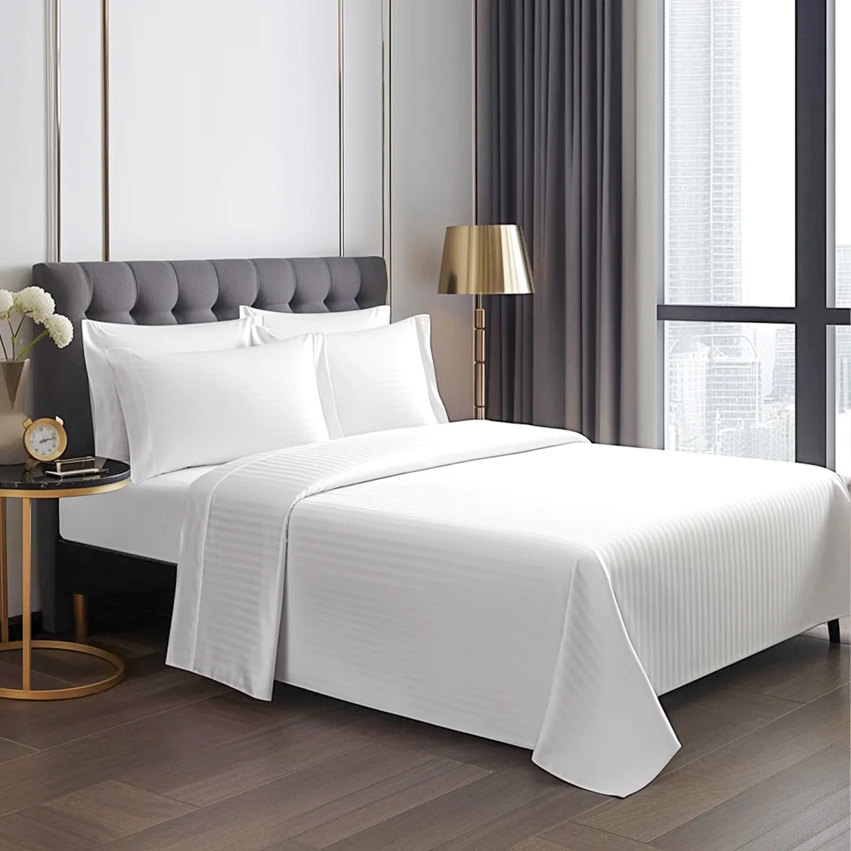White Full Size Stripe Bed Sheet Set with 16" Deep Pocket U155550