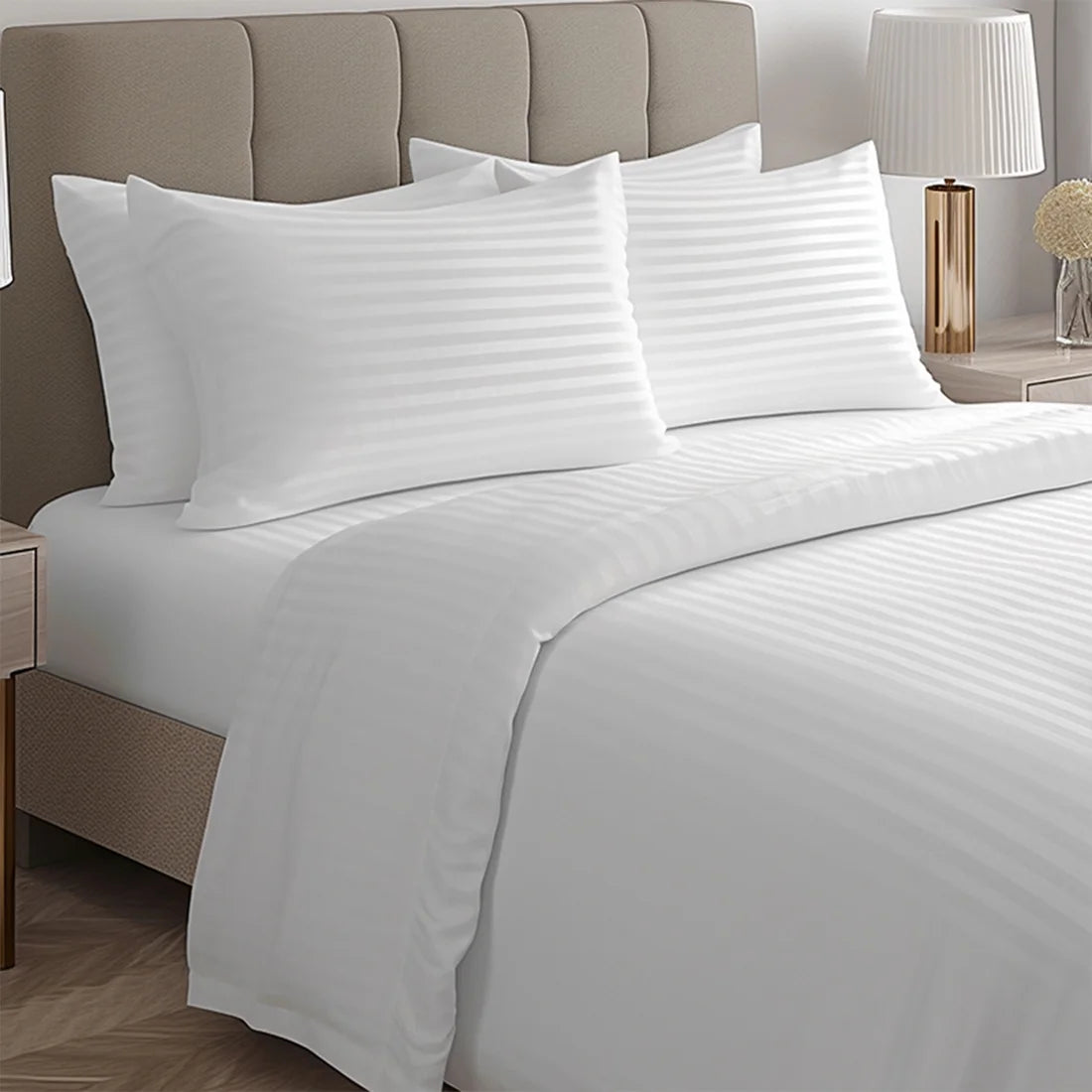 White Full Size Stripe Bed Sheet Set with 16" Deep Pocket U155550