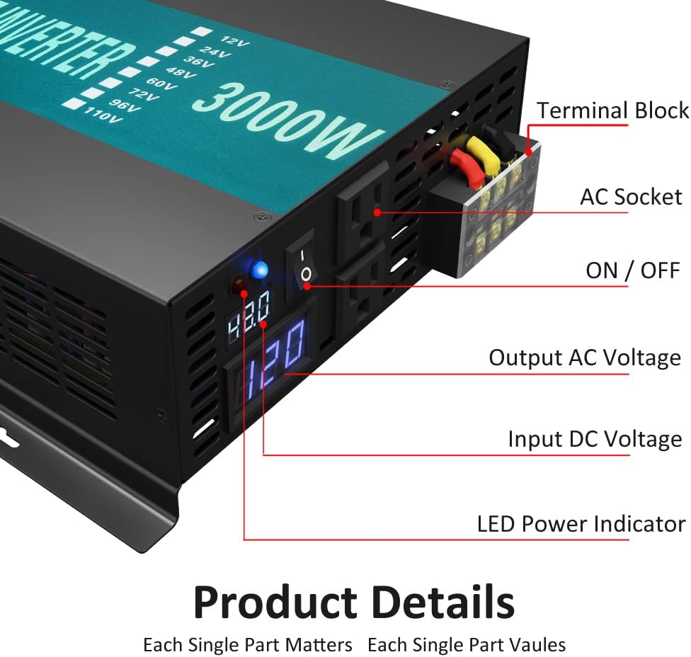 3000W 48V 120V Pure Sine Wave Power Inverter with 2 AC Outlets D5958