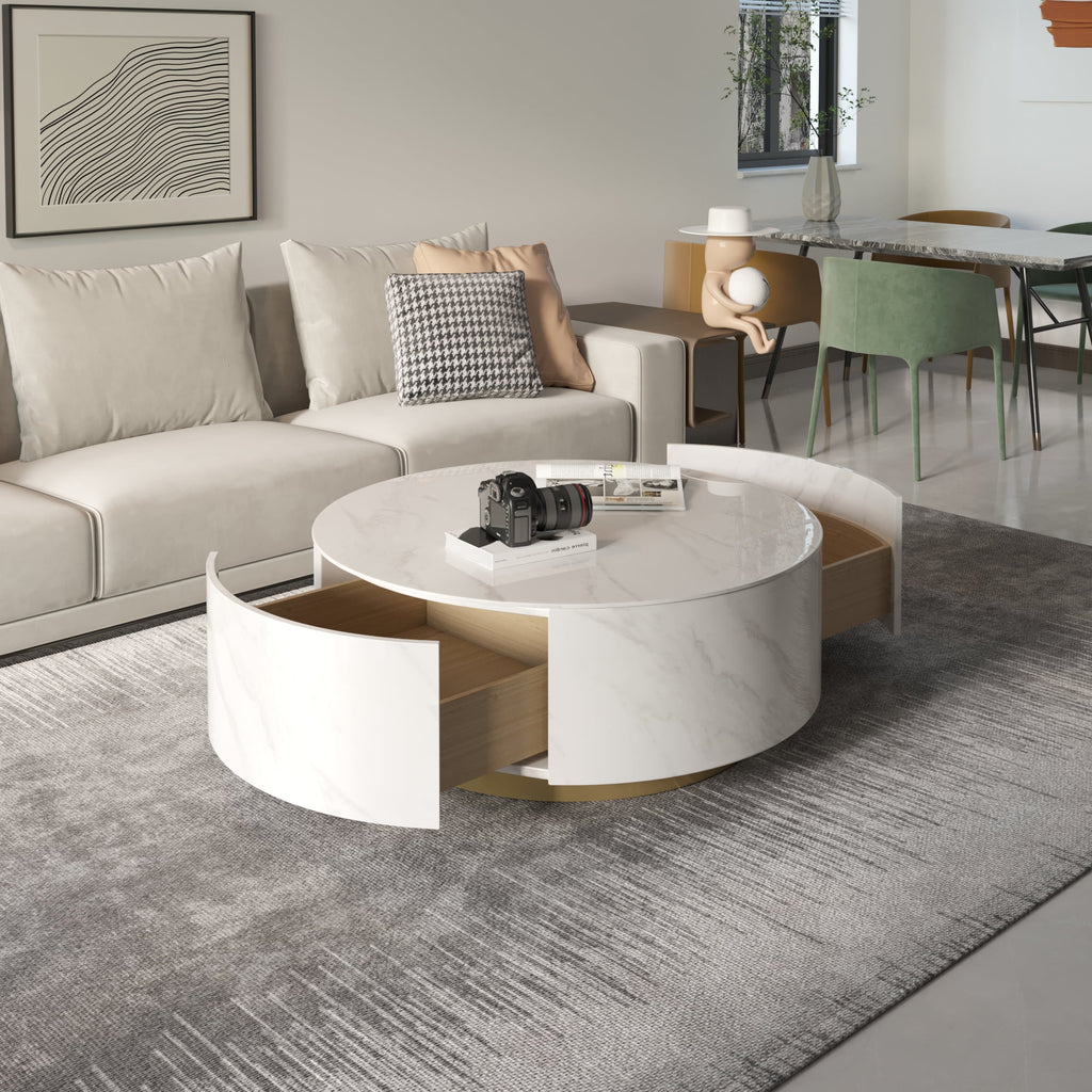 White Round Coffee Table with Two Drawers Y432