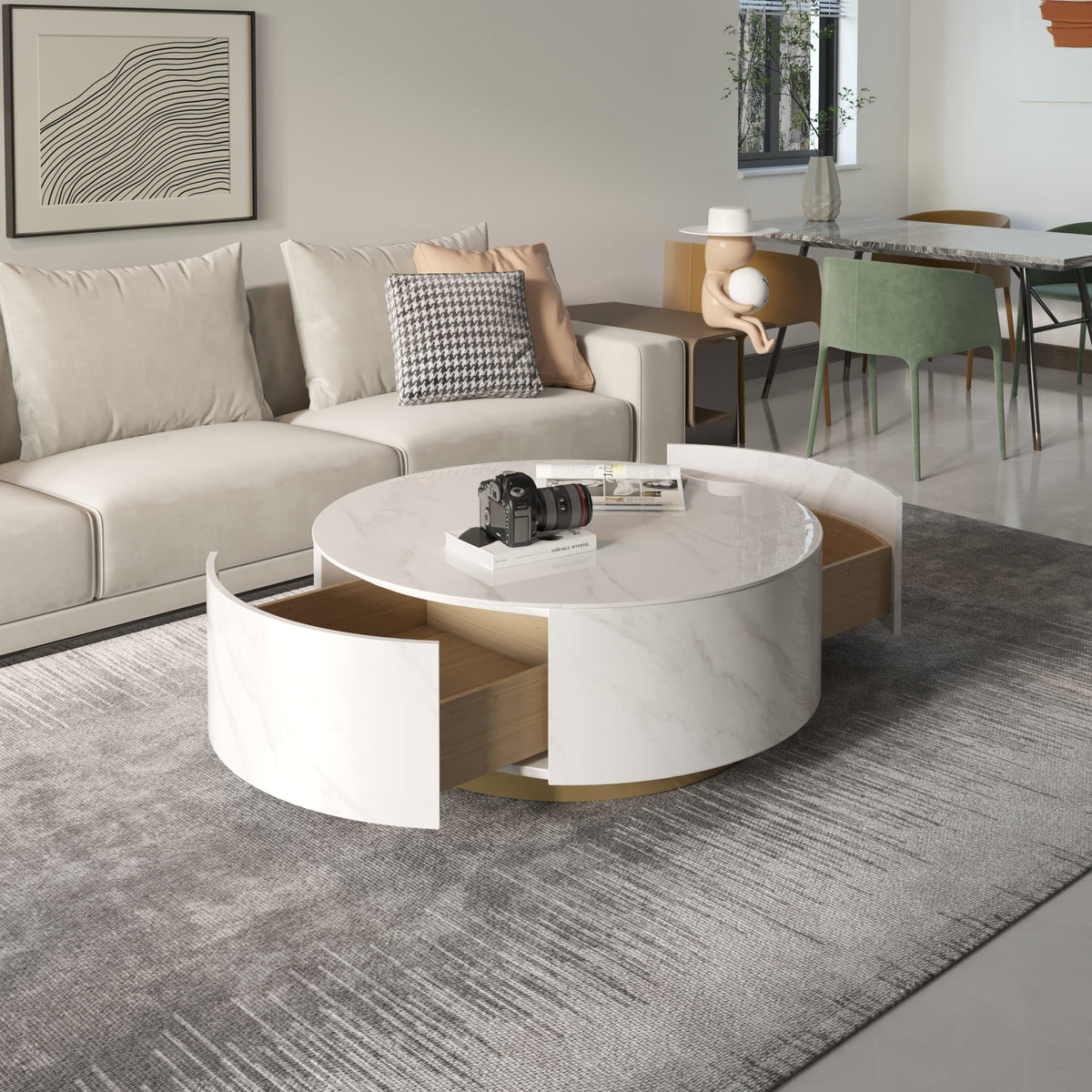 White Round Coffee Table with Two Drawers Y432