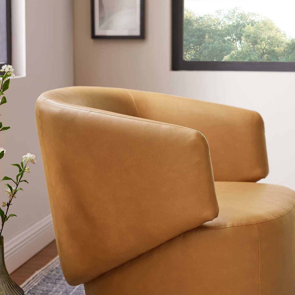 Tan Vegan Leather Fabric and Wood Swivel Chair Z484601