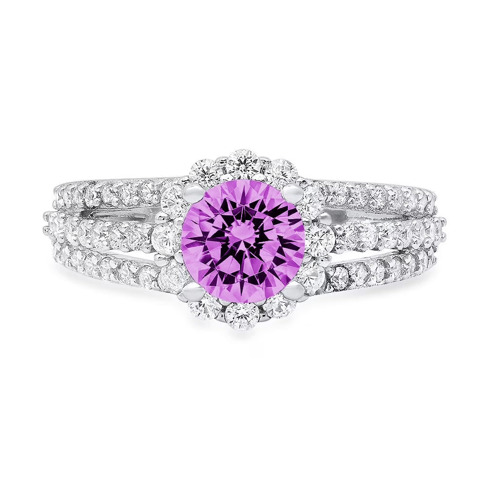 18k White Gold Halo Ring with Round Cut Simulated Alexandrite B272003