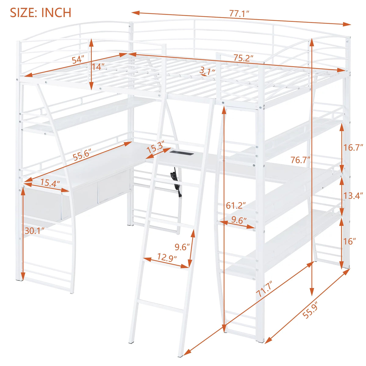 Full Size White Loft Bed with Shelves and L-shaped Desk N412999