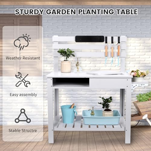 Wooden Potting Bench Table with 3 Side Hook Shelf Z70310