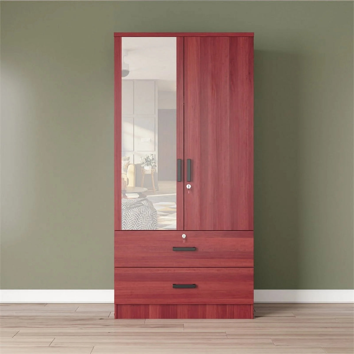 Mahogany Armoire Wardrobe with Mirror & Drawers F13988