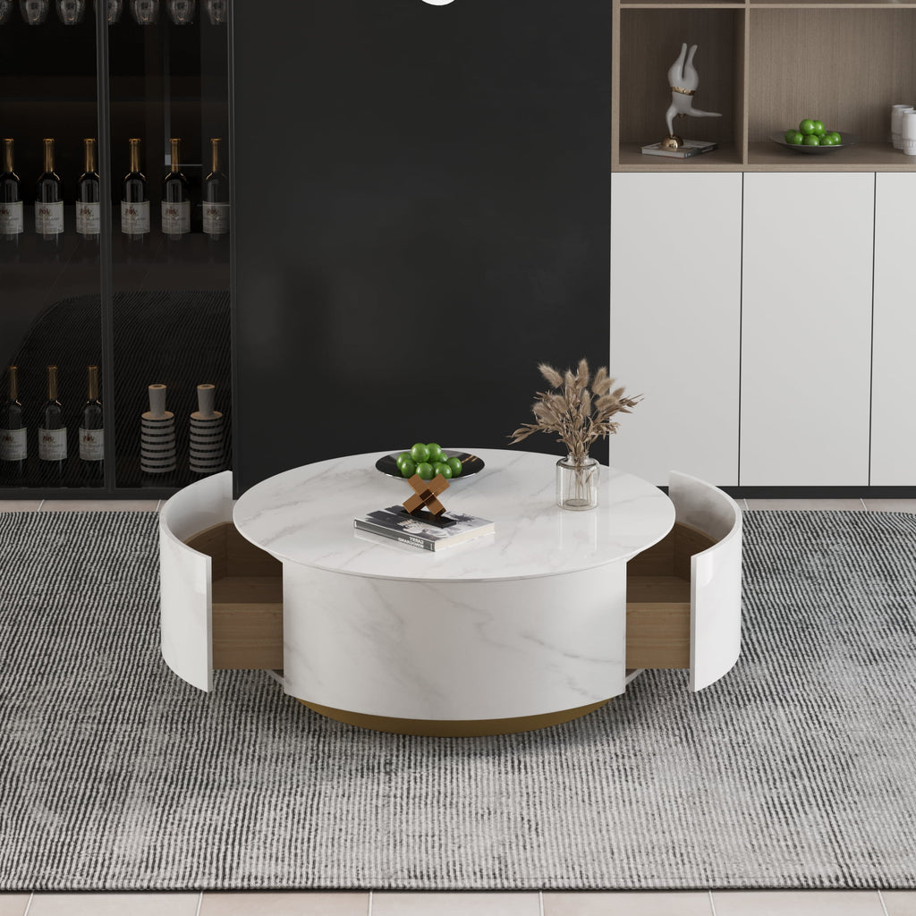 White Round Coffee Table with Two Drawers Y432