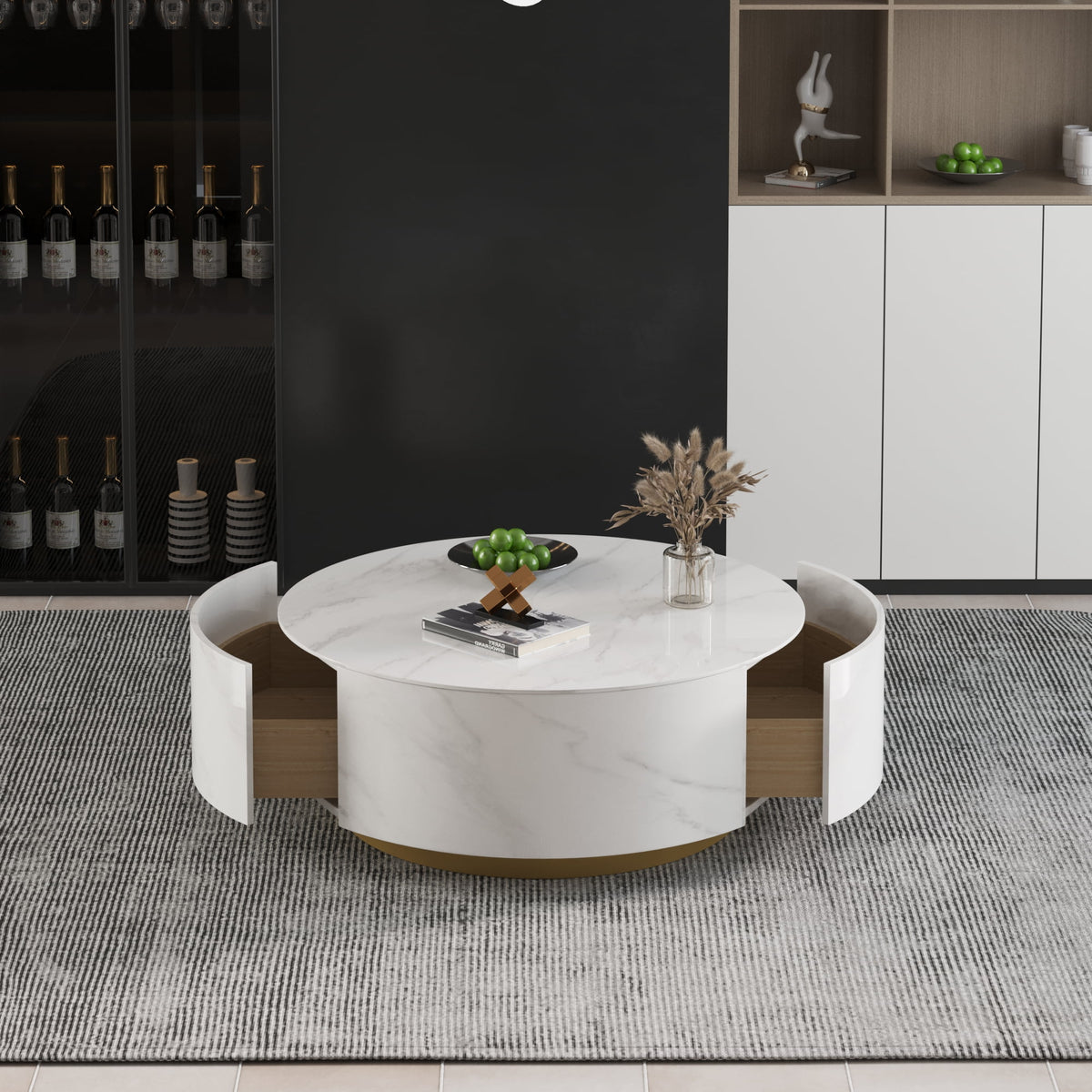 White Round Coffee Table with Two Drawers Y432