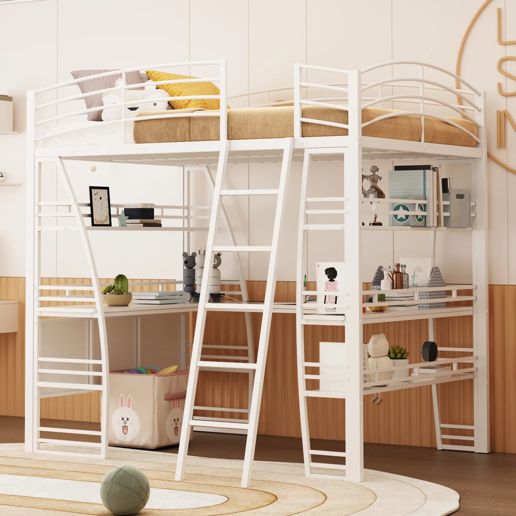 Full Size White Loft Bed with Shelves and L-shaped Desk N412999