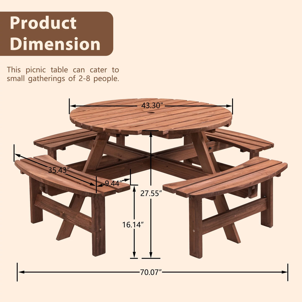 8-Person Circular Wooden Picnic Table with 4 Built-in Benches Gray L76794