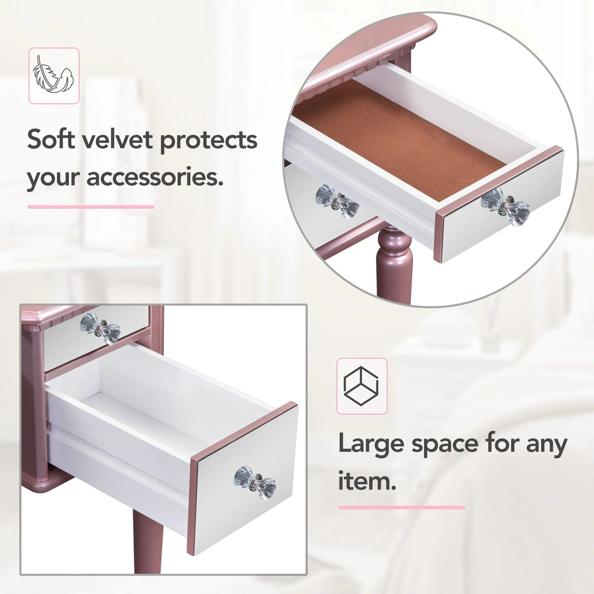 Pink Vanity Set with Tri-Fold Mirror and Stool U905633