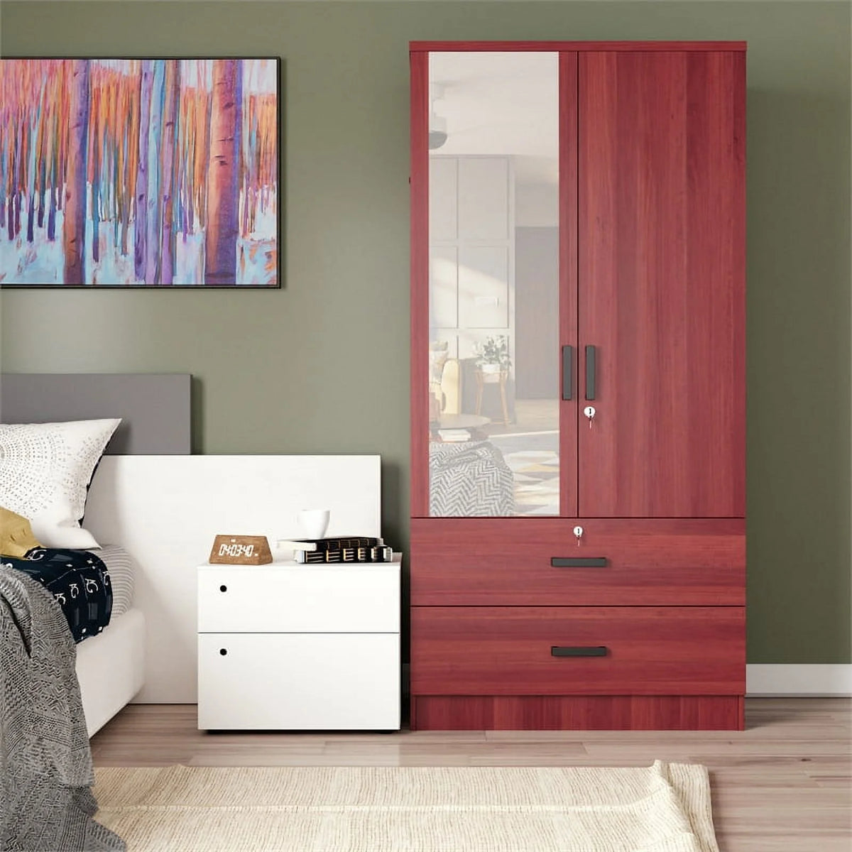 Mahogany Armoire Wardrobe with Mirror & Drawers F13988