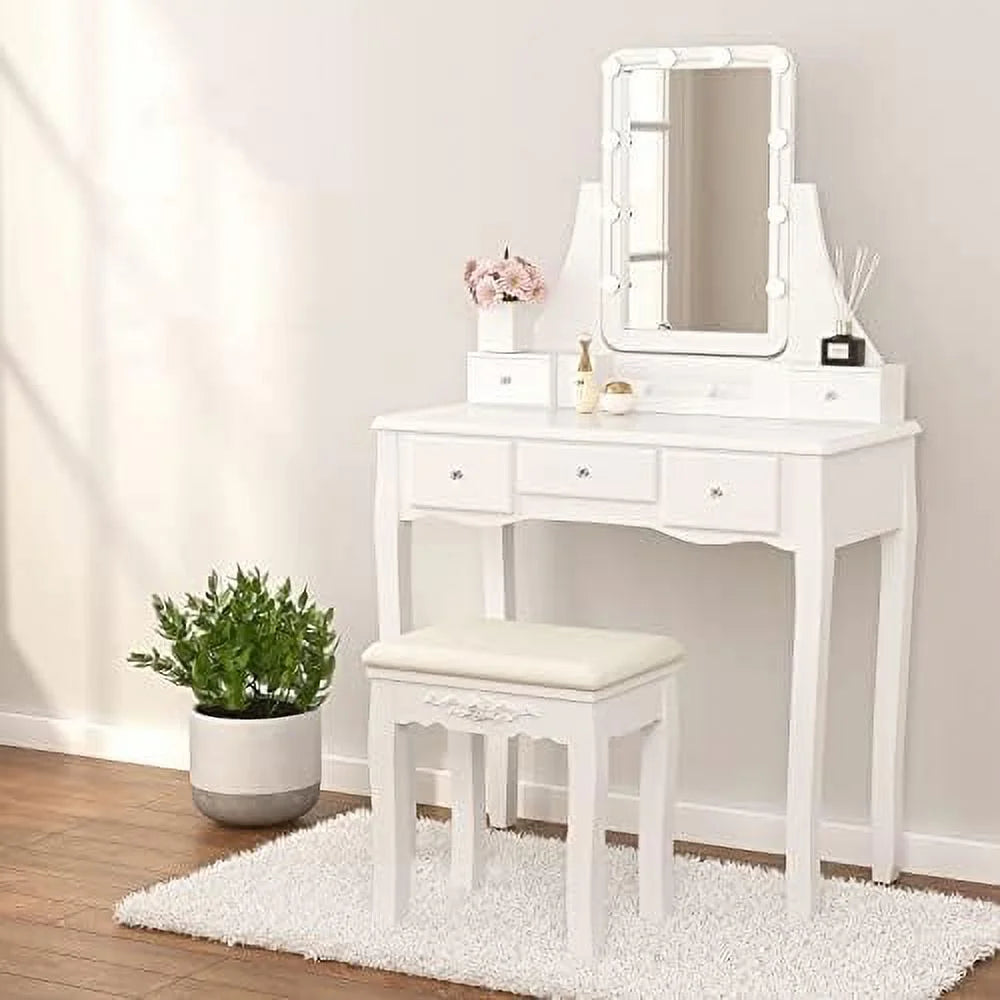 White Vanity Set with Lighted Tri-Fold Mirror and 4 Drawers I916