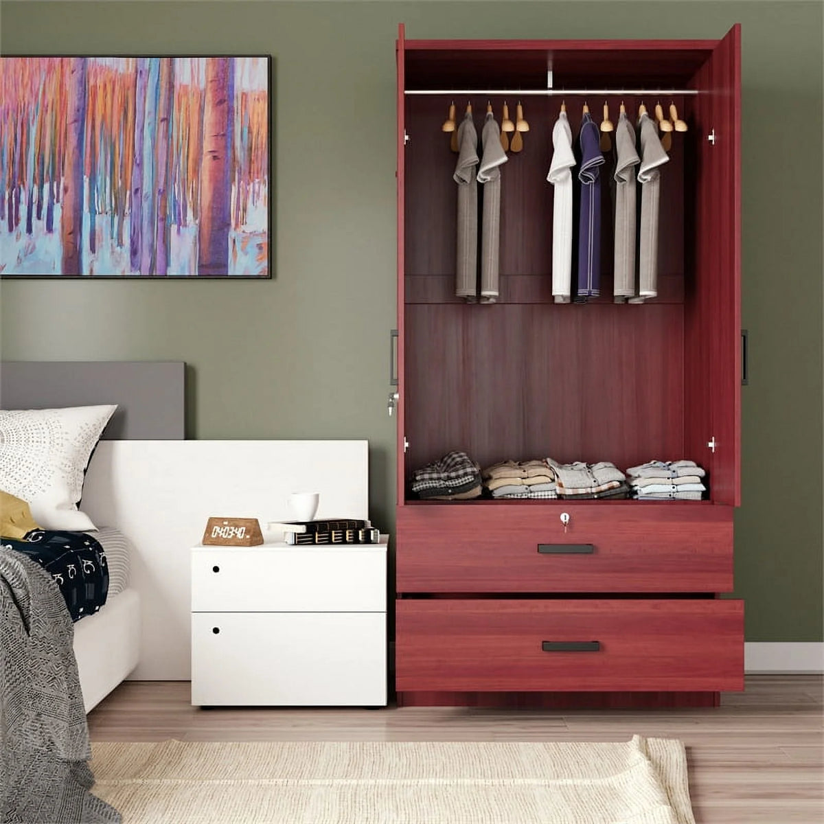 Mahogany Armoire Wardrobe with Mirror & Drawers F13988