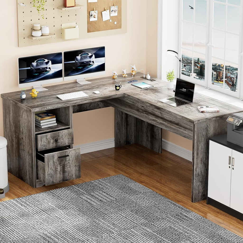 L Shaped Desk with Power Outlets and USB Charging Ports, Lift Top Corner Computer Desk with Drawer, Black Oak D18989