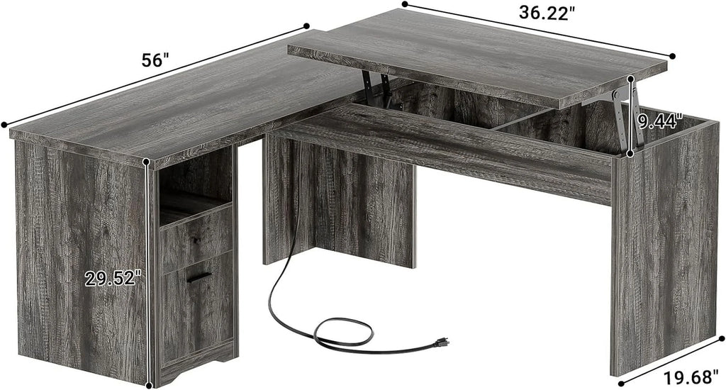 L Shaped Desk with Power Outlets and USB Charging Ports, Lift Top Corner Computer Desk with Drawer, Black Oak D18989