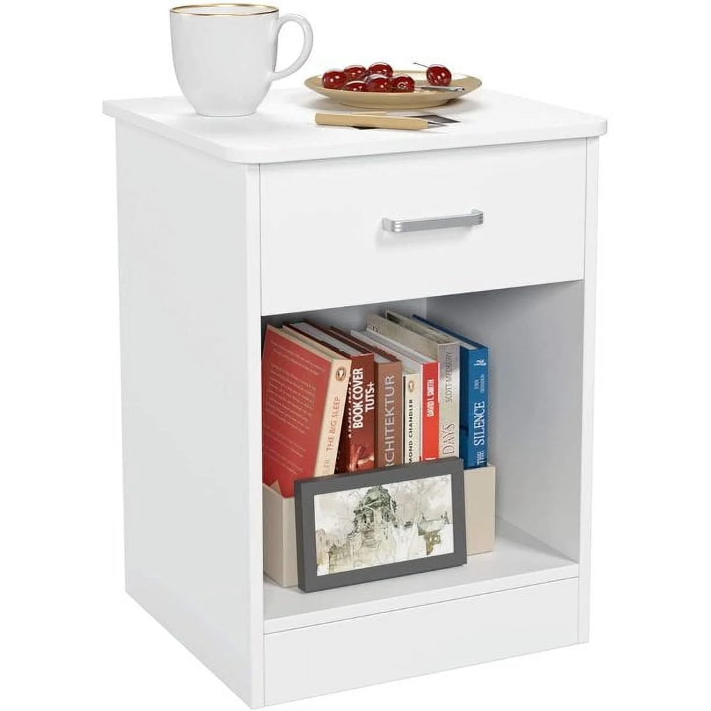 White Nightstand with Drawer and Storage Shelf E655