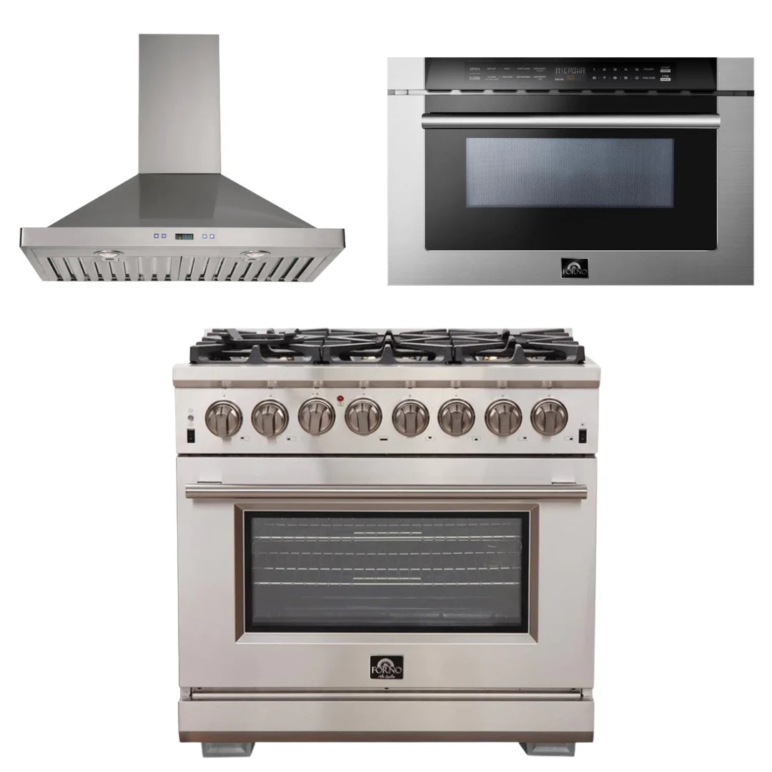 36 Inch Gas Burner Electric Oven Pro Range, Wall Mount Range Hood, Microwave Drawer C8995