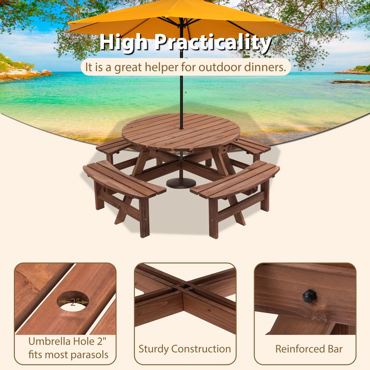 8-Person Circular Wooden Picnic Table with 4 Built-in Benches Gray L76794