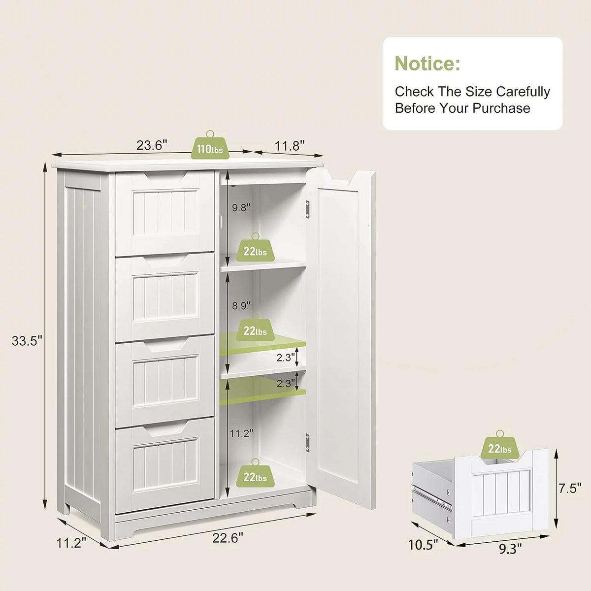 White 33" Wooden Storage Cabinet with Door and 4 Drawers P69854