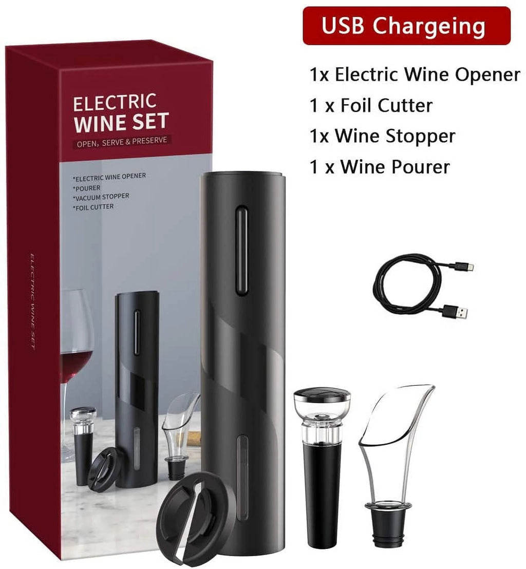 Rechargeable Electric Wine Opener Set with Foil Cutter, Vacuum Stopper and Wine Aerator Pourer M594625