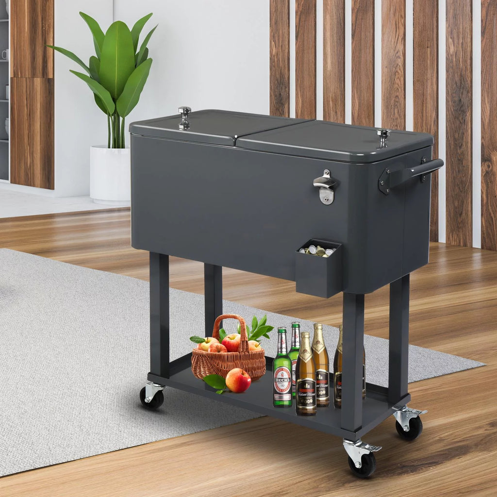 80QT Rolling Cooler Cart with Shelf Gray Q66771