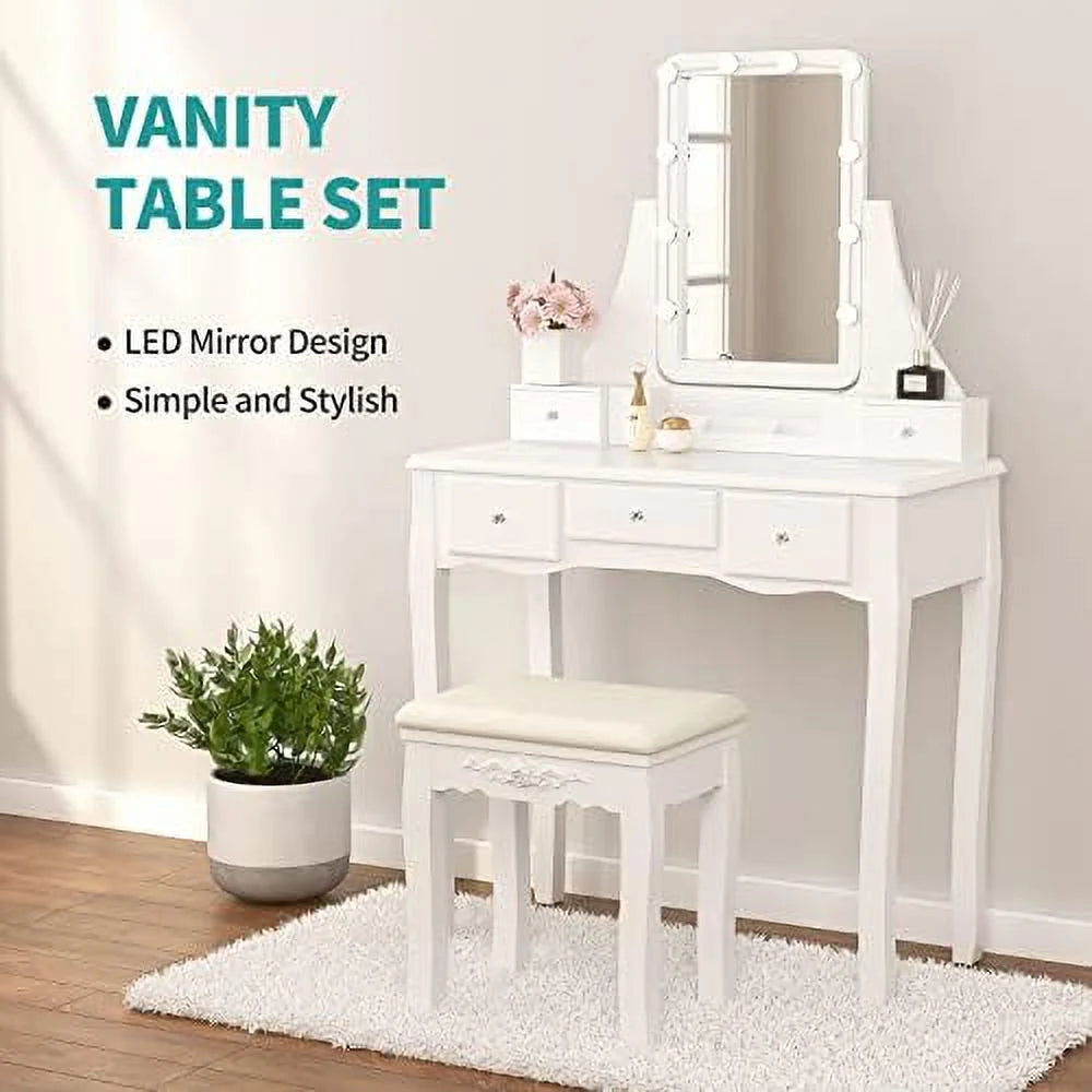 White Vanity Set with Lighted Tri-Fold Mirror and 4 Drawers I916