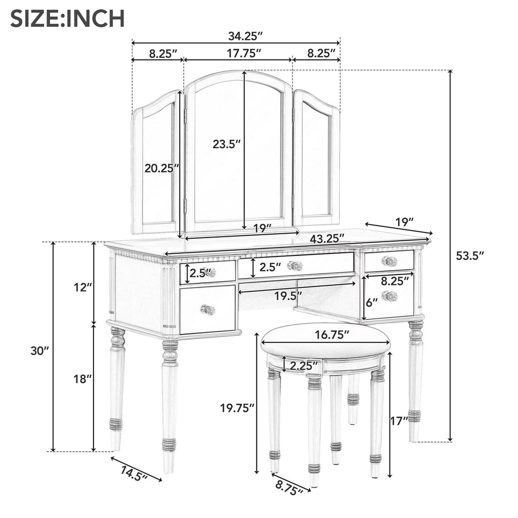 Pink Vanity Set with Tri-Fold Mirror and Stool U905633
