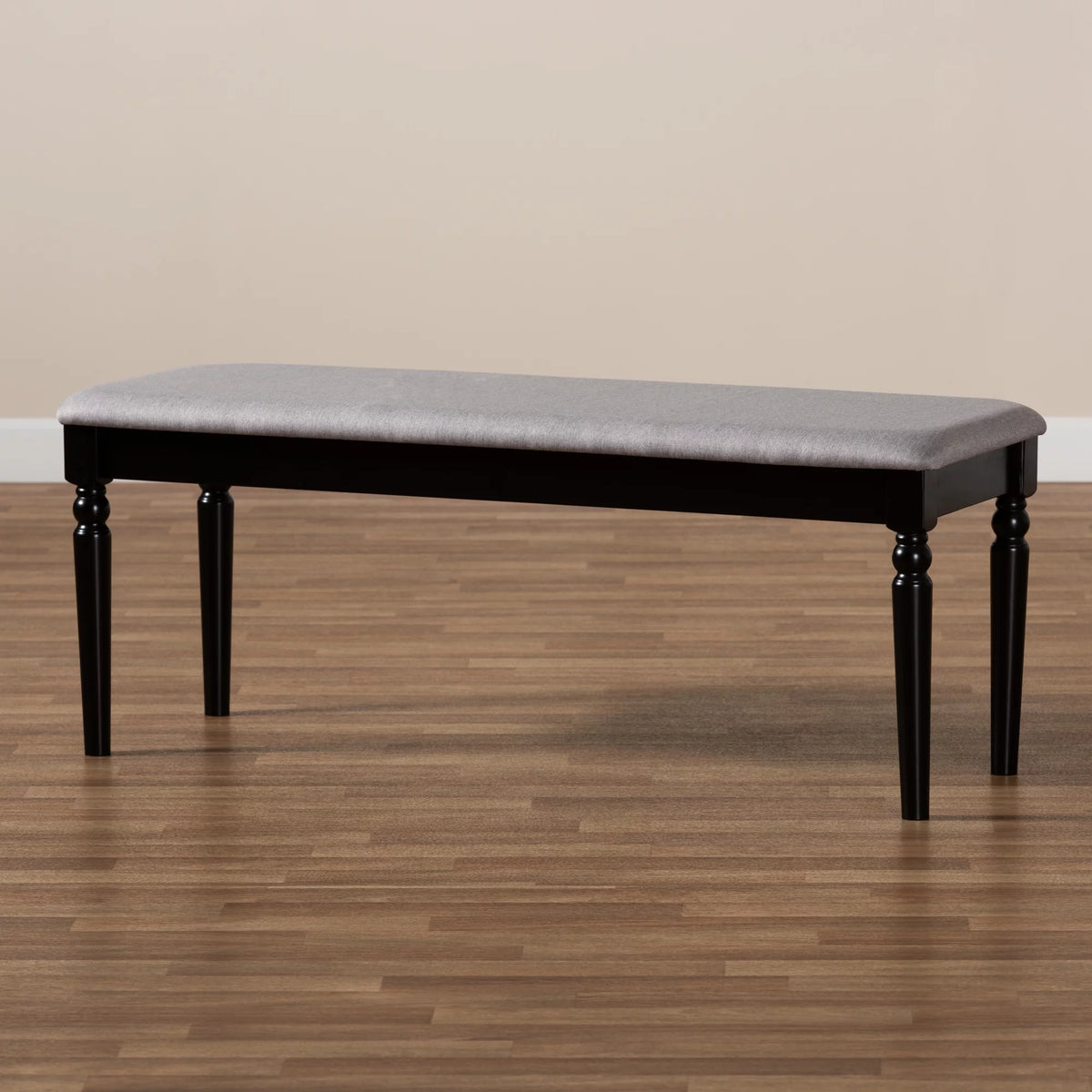 Grey Fabric Upholstered Dark Brown Wood Dining Bench M471487