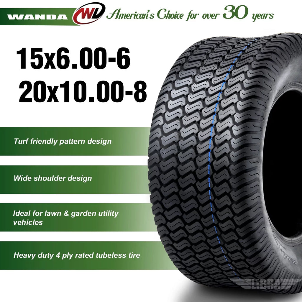 Set of 4 Lawn Mower Turf Tires 15x6-6 Front & 20x10-8 Rear J8375