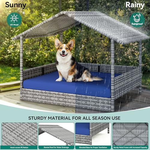 Large Wicker Dog House with Cushion and Canopy N115681
