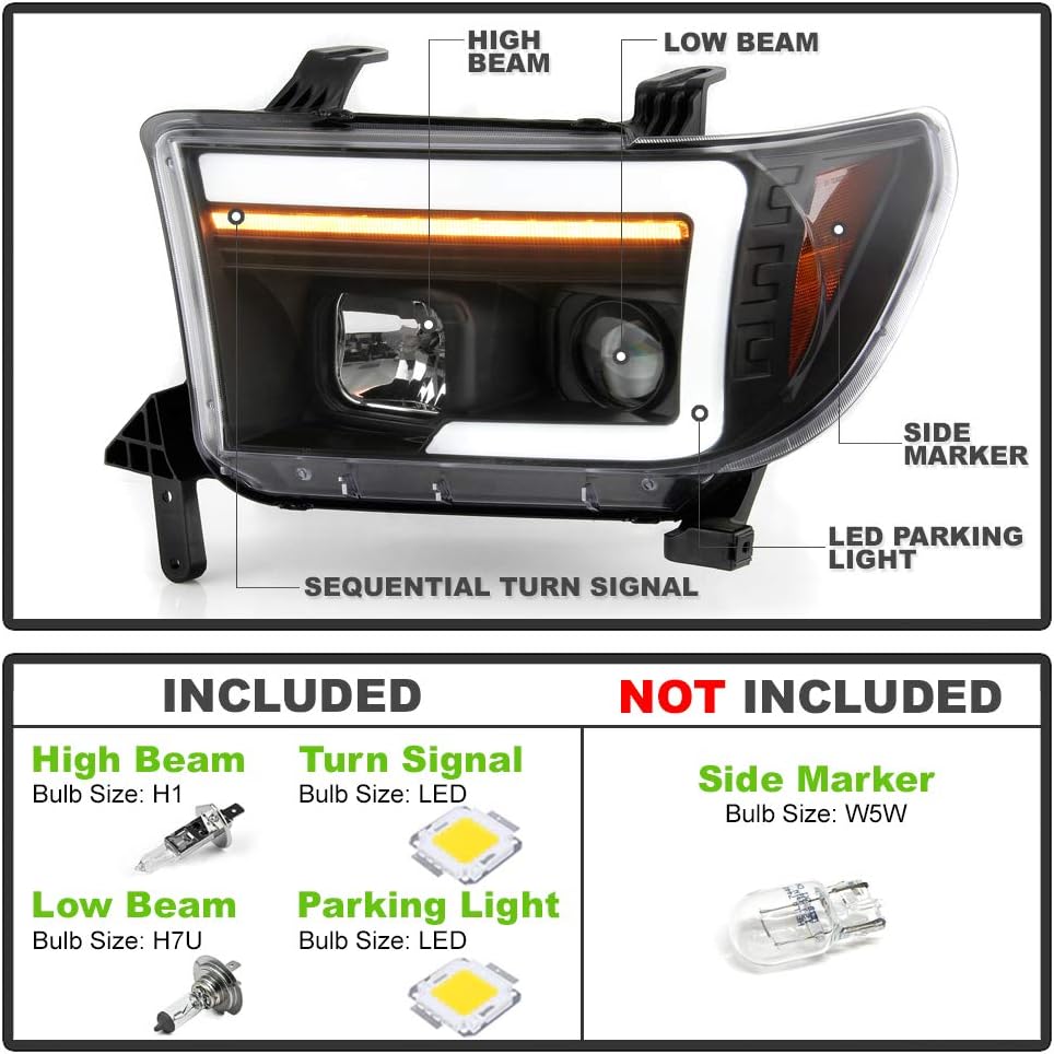 Black LED Tube Projector Headlights Pair G8517