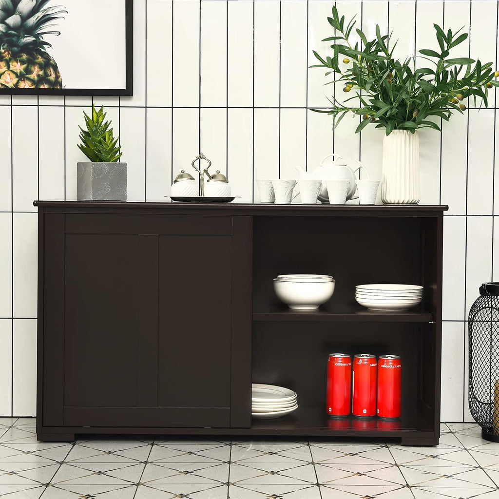 Brown Double-Layer Sliding Slat Door Storage Cabinet W976344